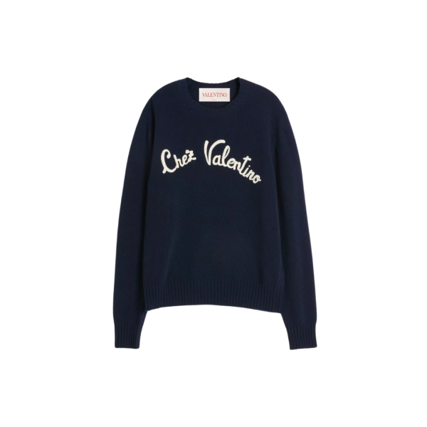 Pull VALENTINO col rond laine bleu marine broderie Chez Valentino