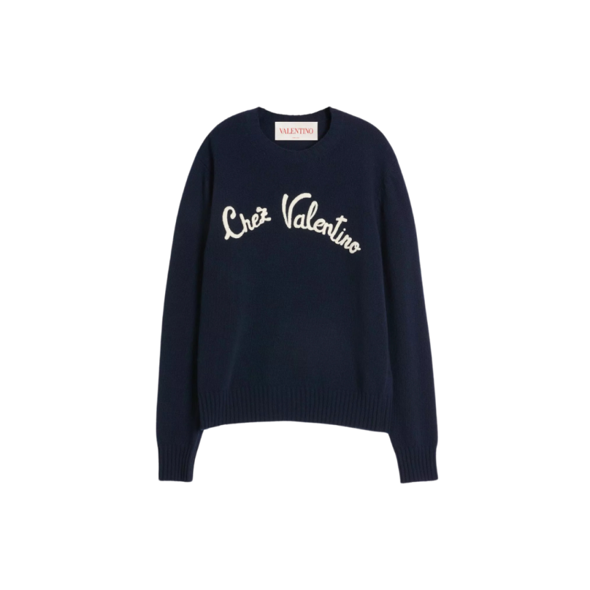 Pull VALENTINO col rond laine bleu marine broderie Chez Valentino