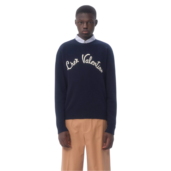 Pull VALENTINO col rond laine bleu marine broderie Chez Valentino