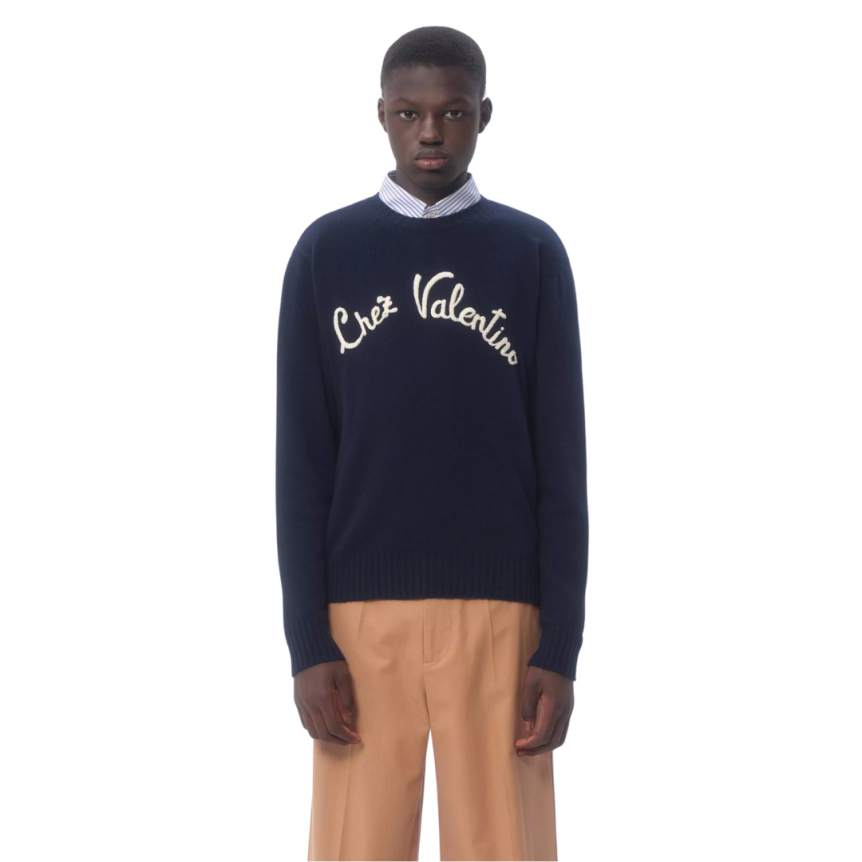 Pull VALENTINO col rond laine bleu marine broderie Chez Valentino