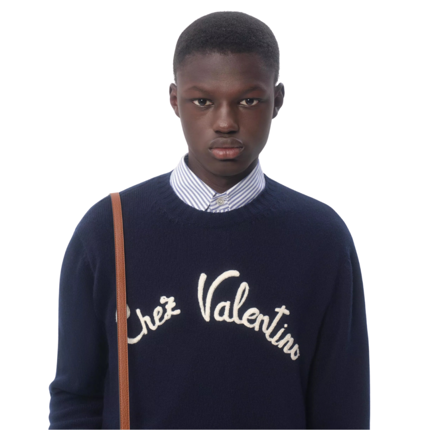 Pull VALENTINO col rond laine bleu marine broderie Chez Valentino