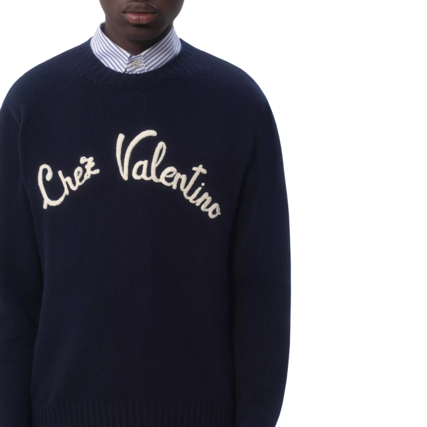 Pull VALENTINO col rond laine bleu marine broderie Chez Valentino