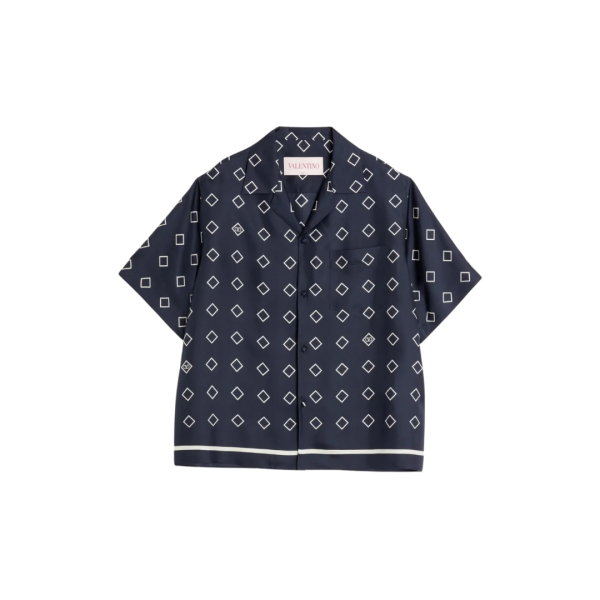 Chemise bowling VALENTINO Défilé soie bleu marine imprimé opticool carré blanc