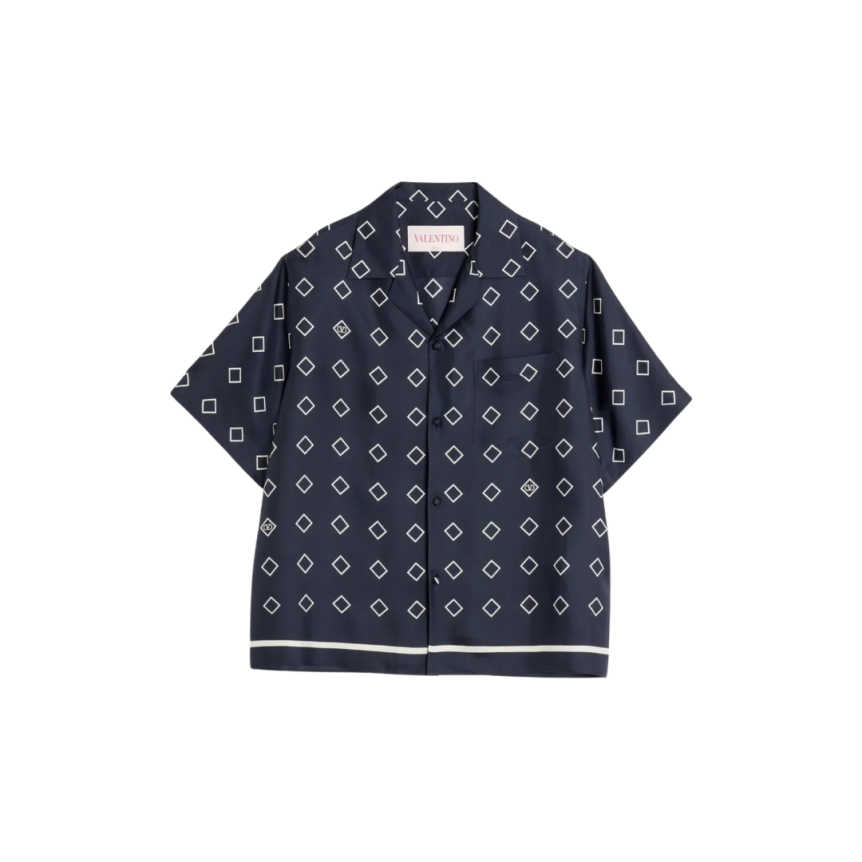 Chemise bowling VALENTINO Défilé soie bleu marine imprimé opticool carré blanc