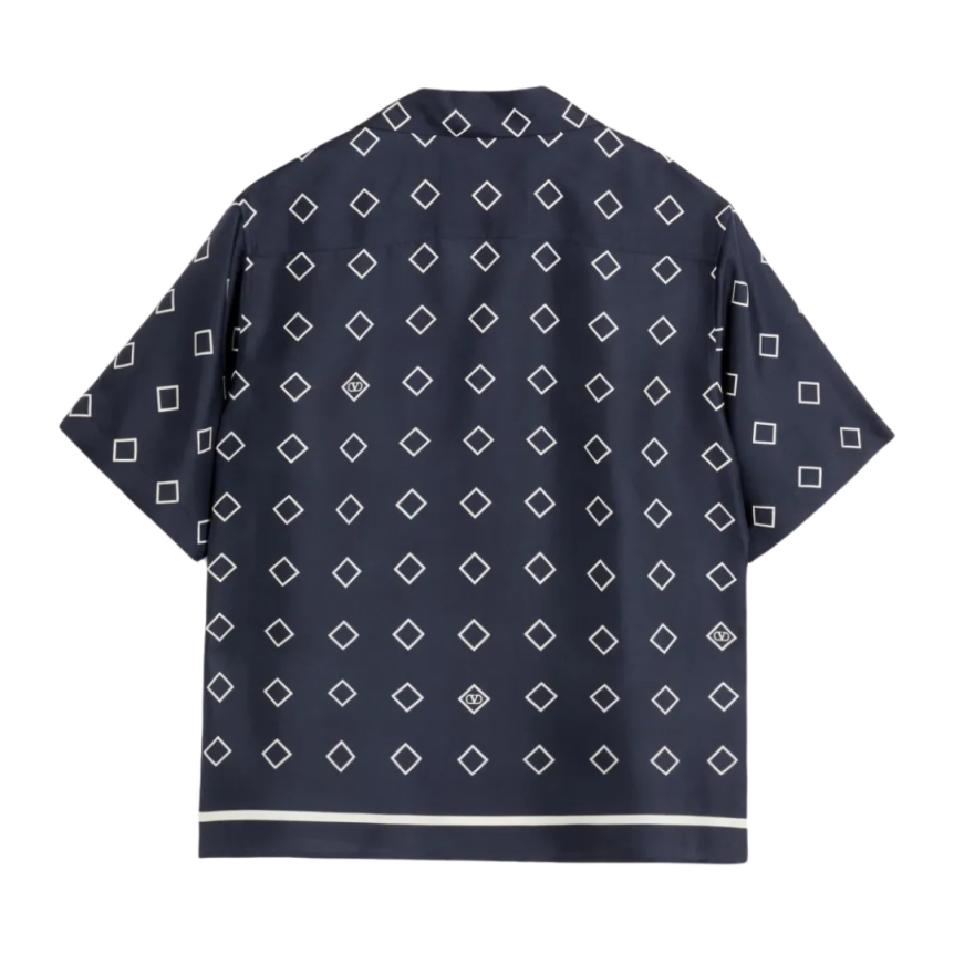 Chemise bowling VALENTINO Défilé soie bleu marine imprimé opticool carré blanc
