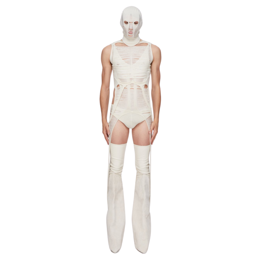 Top Body RICK OWENS maille laine mérinos déchiquetée écru Hollywood Runway SS25
