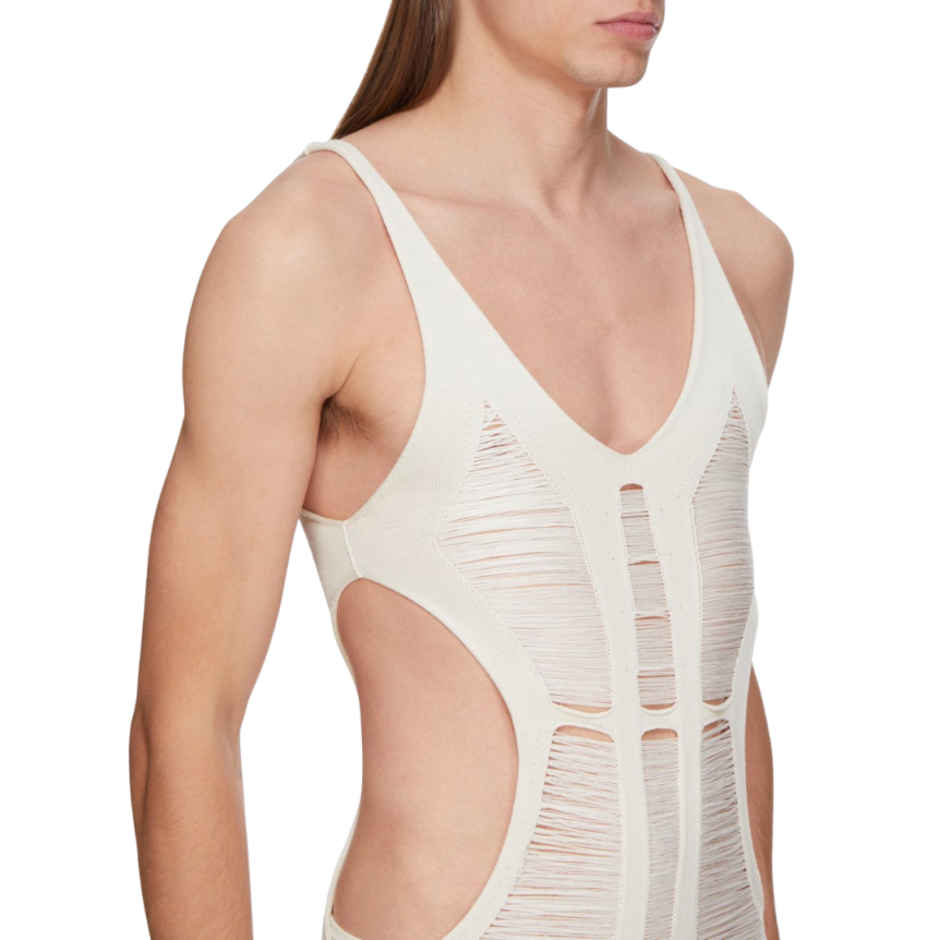 Top Body RICK OWENS maille laine mérinos déchiquetée écru Hollywood Runway SS25