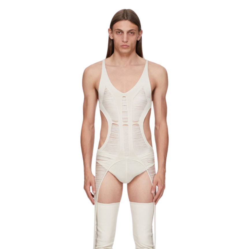 Top Body RICK OWENS maille laine mérinos déchiquetée écru Hollywood Runway SS25