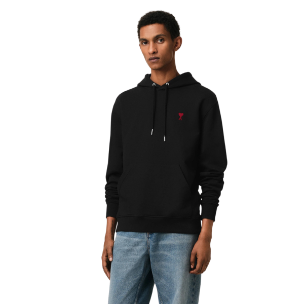 Sweat-shirt à capuche Hoodie AMI Paris coton noir cœur rouge