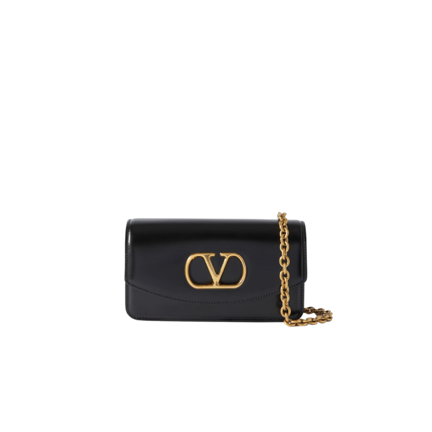 VALENTINO Petit sac porté épaule Vain cuir veau noir chainé dorée