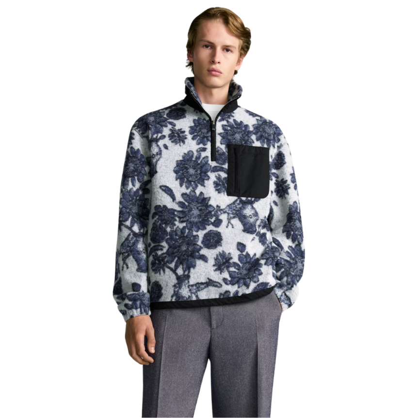 Sweat-shirt zippé DIOE cardigan laine vierge mélangée polaire gris bleu fleurs