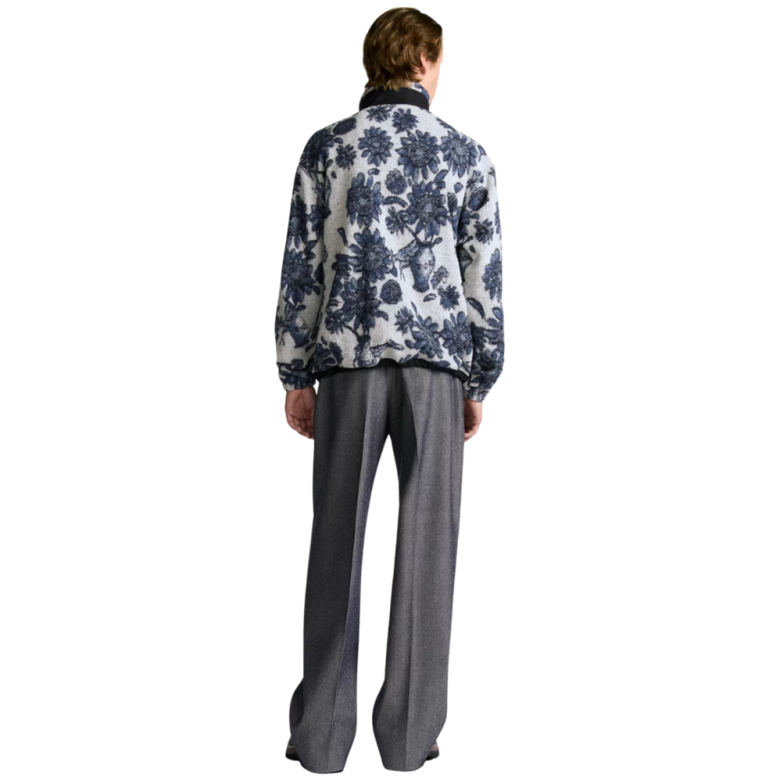 Sweat-shirt zippé DIOE cardigan laine vierge mélangée polaire gris bleu fleurs