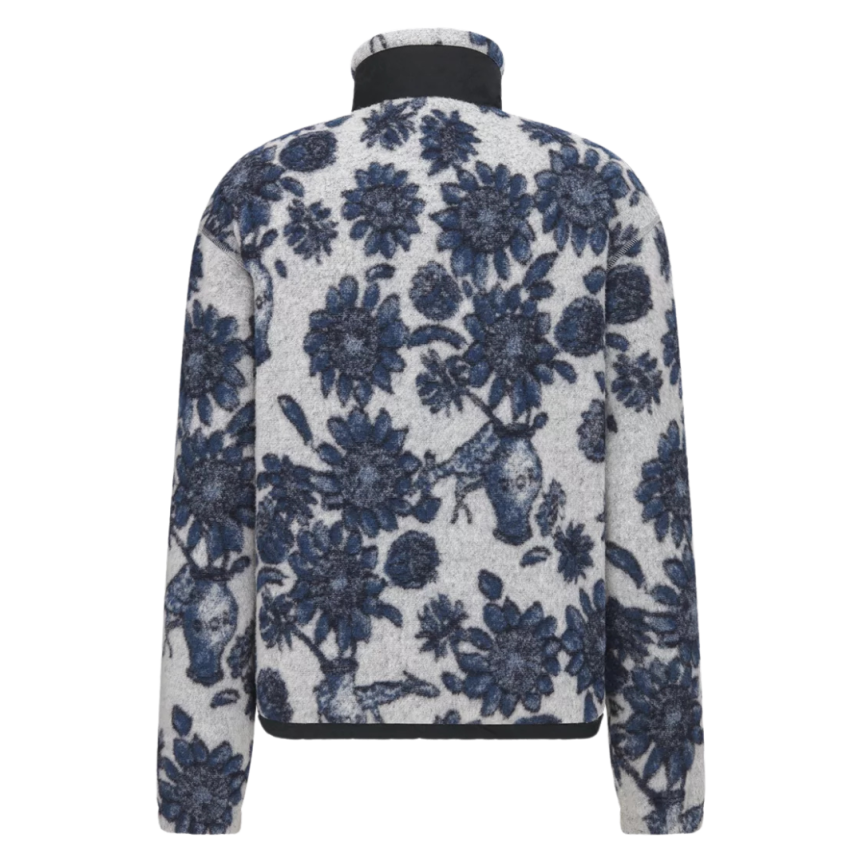 Sweat-shirt zippé DIOE cardigan laine vierge mélangée polaire gris bleu fleurs