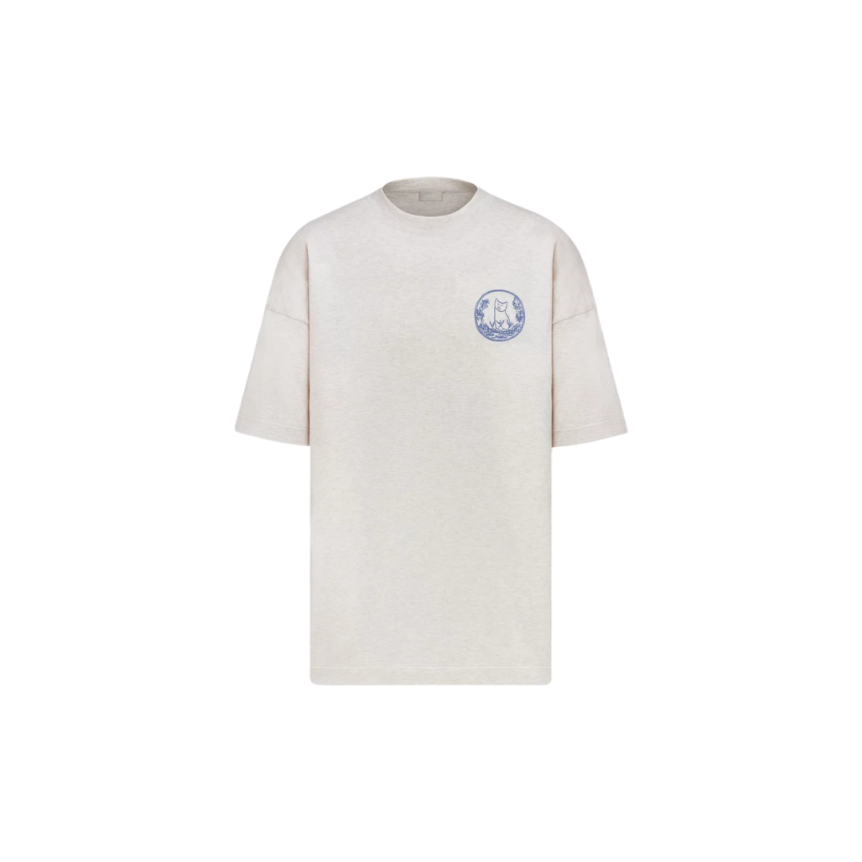T-shirt col rond DIOR jersey coton beige logo broderie dos chat