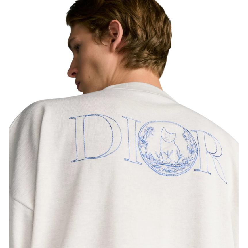 T-shirt col rond DIOR jersey coton beige logo broderie dos chat