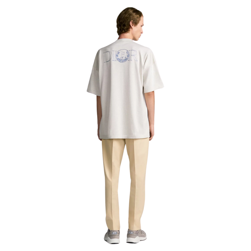 T-shirt col rond DIOR jersey coton beige logo broderie dos chat