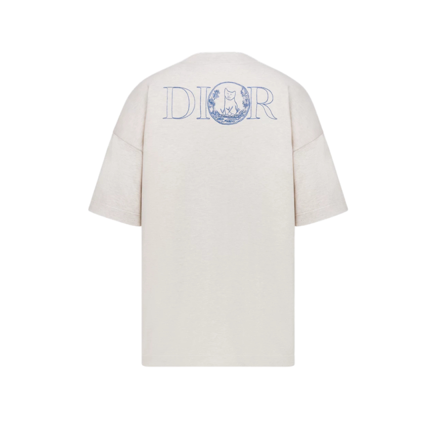 T-shirt col rond DIOR jersey coton beige logo broderie dos chat
