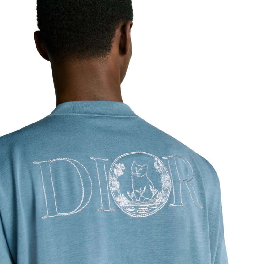 T-shirt DIOR col rond jersey coton bleu logo broderie dos chat