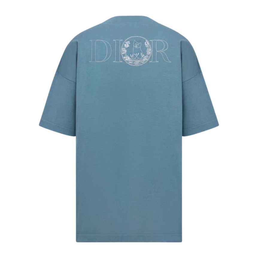 T-shirt DIOR col rond jersey coton bleu logo broderie dos chat