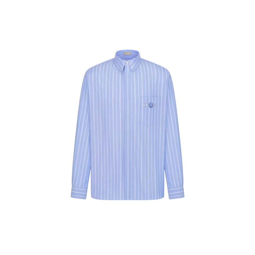 Chemise DIOR coton bleu rayures poche broderie chat Hylton Nel
