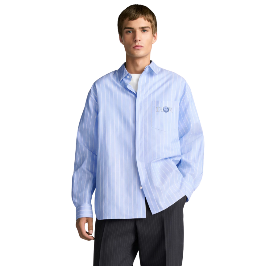 Chemise DIOR coton bleu rayures poche broderie chat Hylton Nel