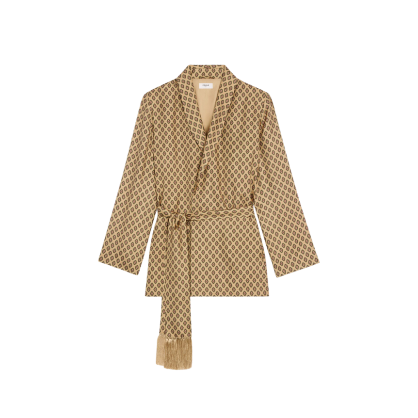 chemise veste peignoir CELINE col châle franges twill soie losanges beige bordeaux