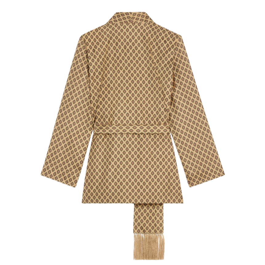 chemise veste peignoir CELINE col châle franges twill soie losanges beige bordeaux