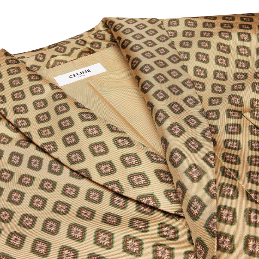 chemise veste peignoir CELINE col châle franges twill soie losanges beige bordeaux