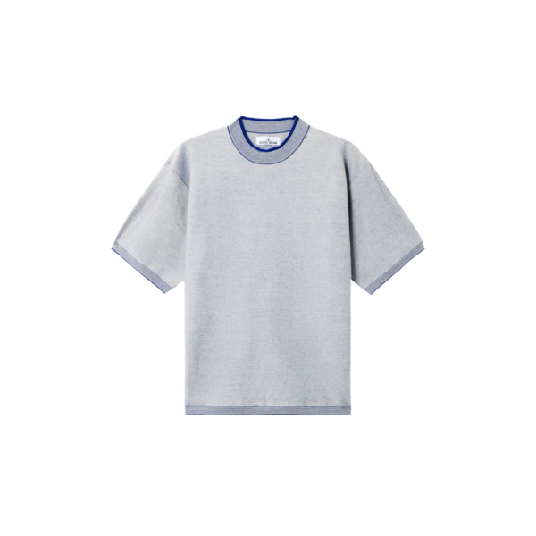 Pull oversize STONE ISLAND manches courtes fil bicolore blanc bleu logo Compass dos