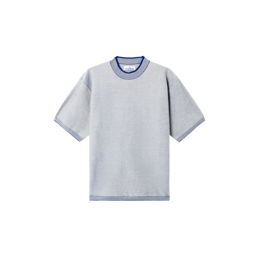 Pull oversize STONE ISLAND manches courtes fil bicolore blanc bleu logo Compass dos