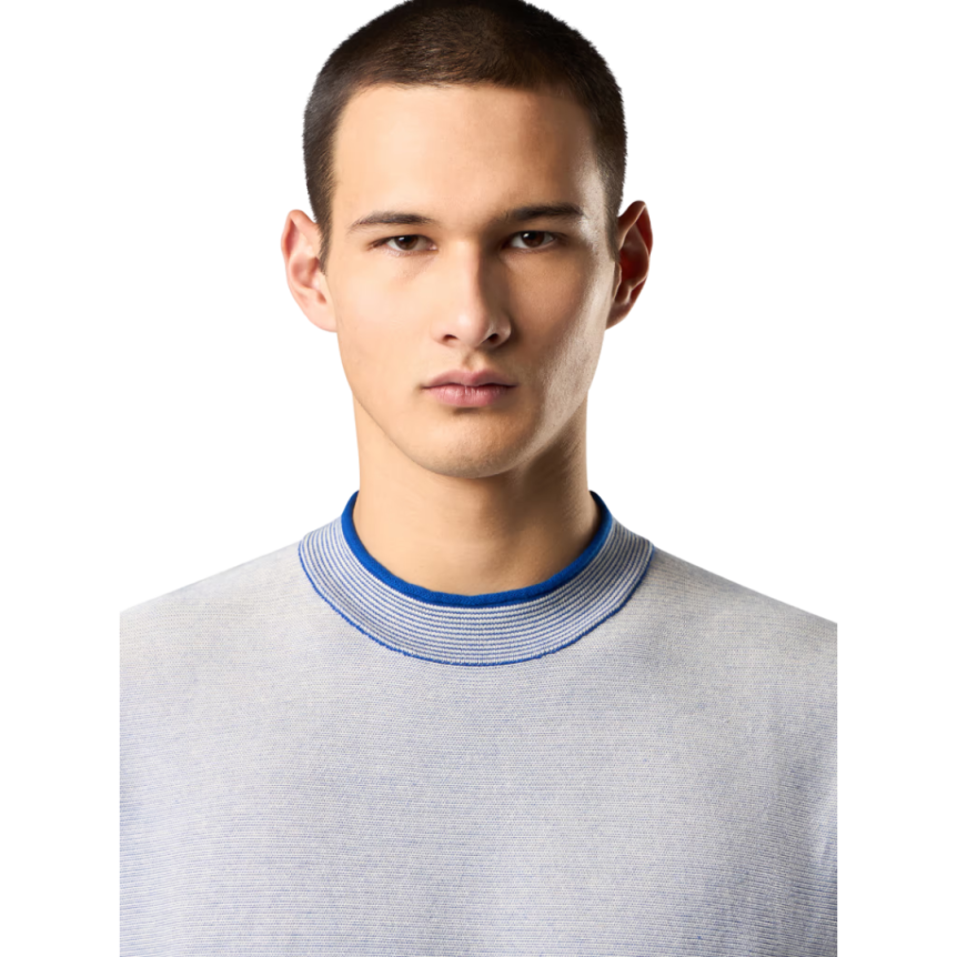 Pull oversize STONE ISLAND manches courtes fil bicolore blanc bleu logo Compass dos