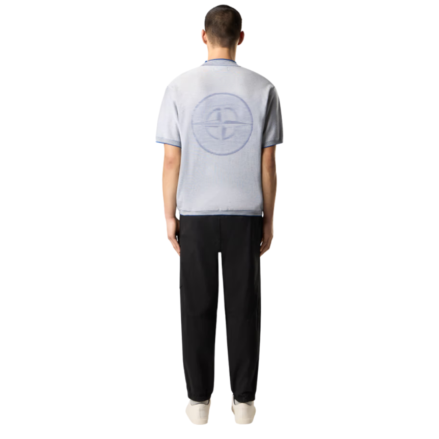 Pull oversize STONE ISLAND manches courtes fil bicolore blanc bleu logo Compass dos