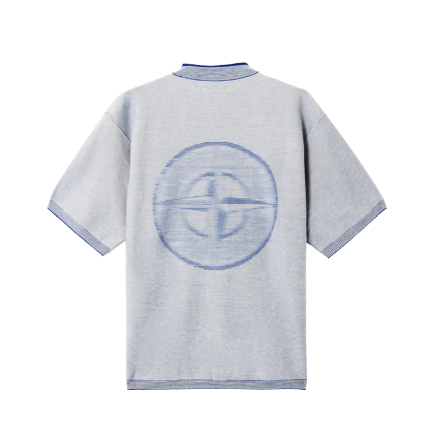 Pull oversize STONE ISLAND manches courtes fil bicolore blanc bleu logo Compass dos
