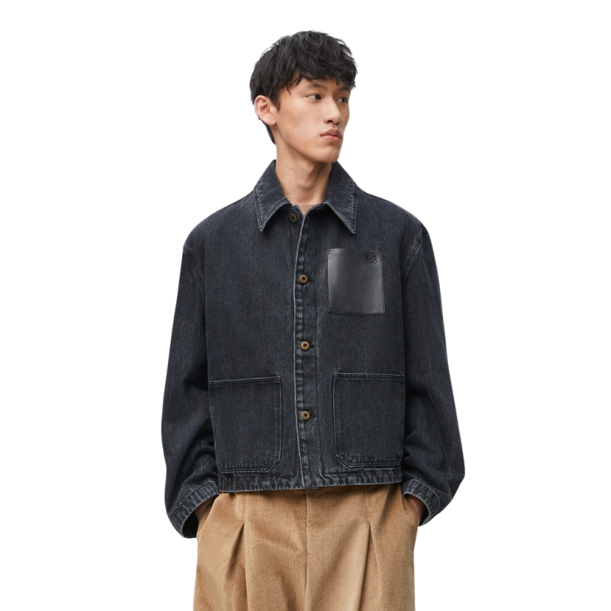 Veste boutons LOEWE denim coton délavé noir poche cuir anagramme