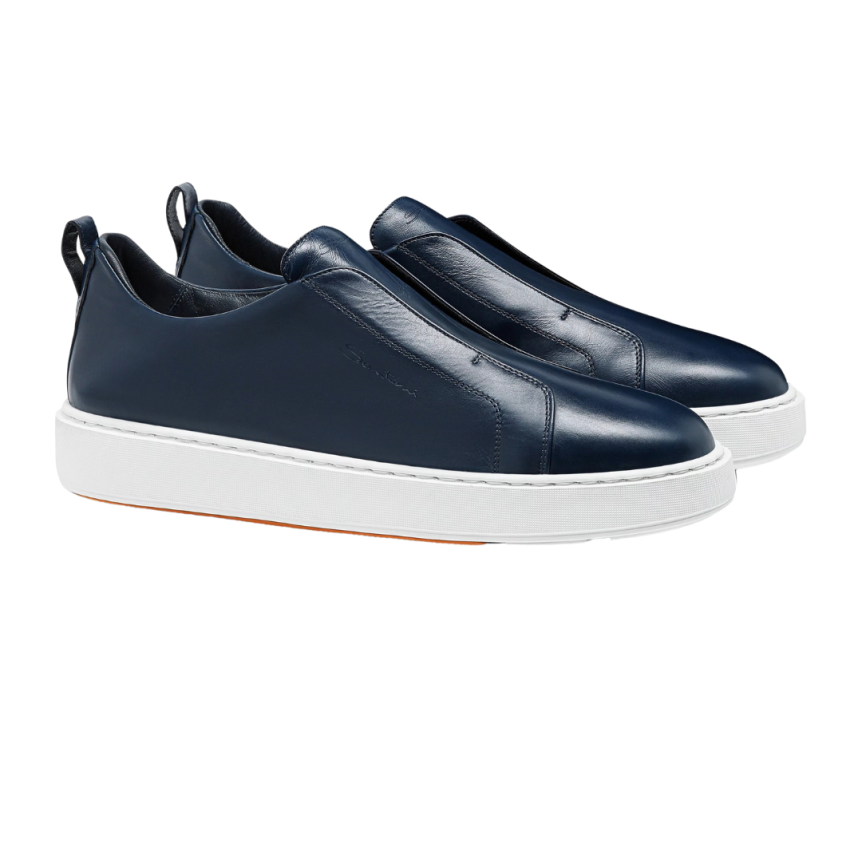 Baskets sans lacets SANTONI sneaker à enfiler cuir ultra touch bleu marine