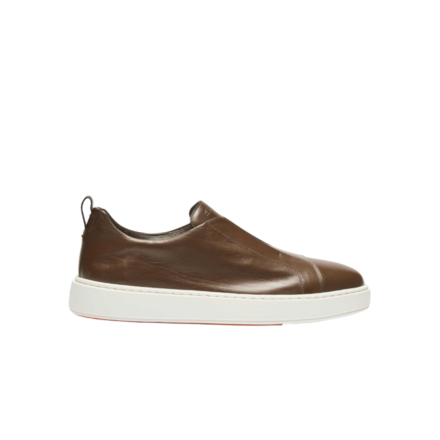 Baskets sans lacets SANTONI sneaker à enfiler cuir ultra touch marron