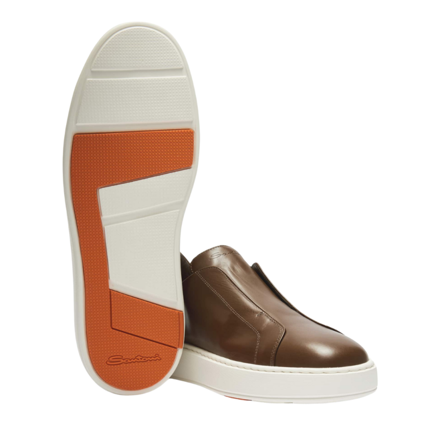 Baskets sans lacets SANTONI sneaker à enfiler cuir ultra touch marron