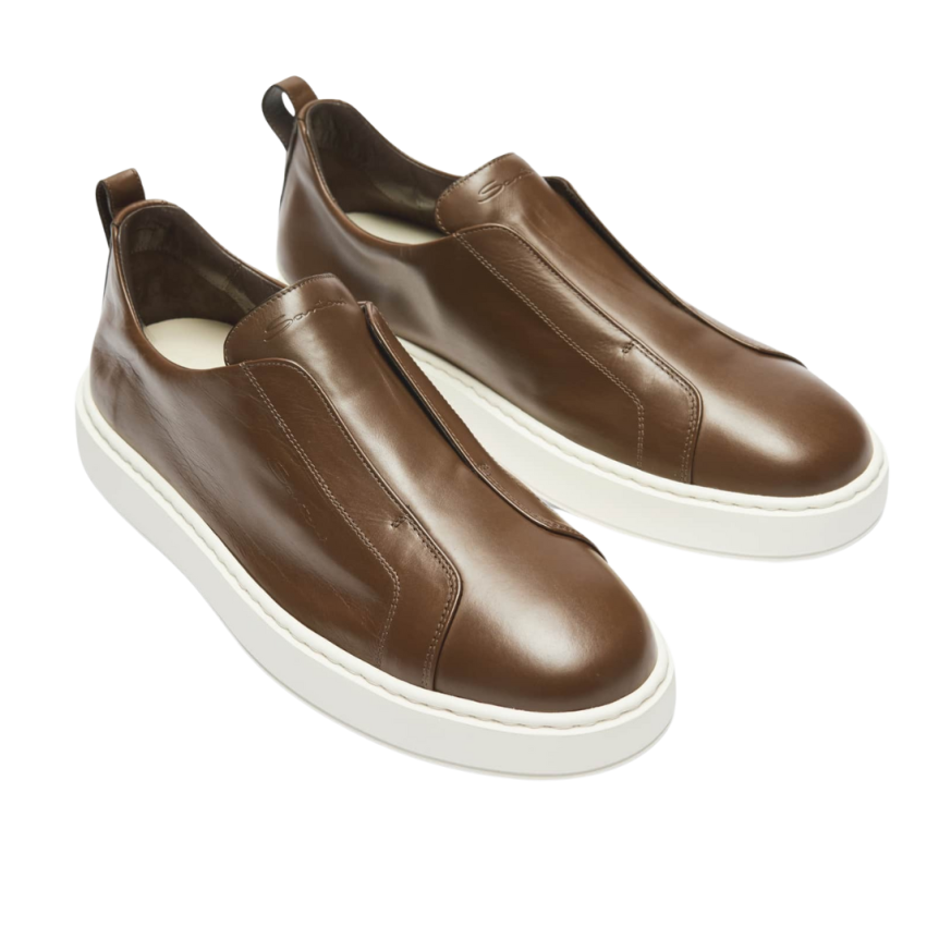 Baskets sans lacets SANTONI sneaker à enfiler cuir ultra touch marron