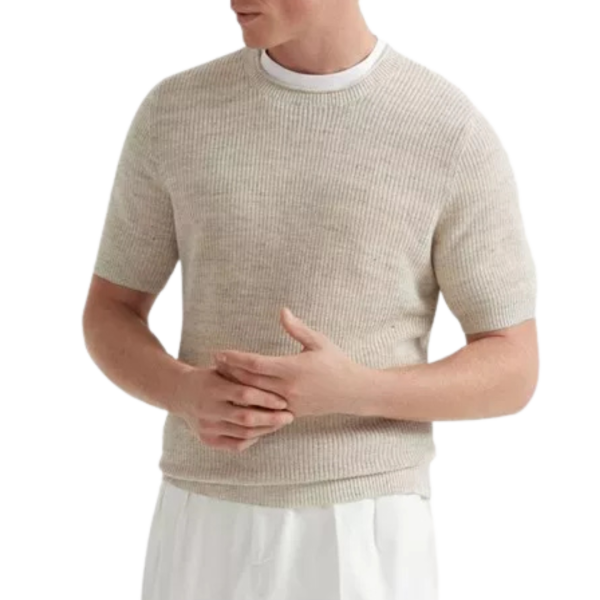 Pull manche courte BRUNELLO CUCINELLI col rond roulotté lin coton ficelle