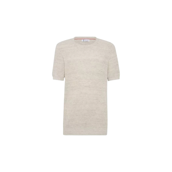 Pull manche courte BRUNELLO CUCINELLI col rond roulotté lin coton ficelle