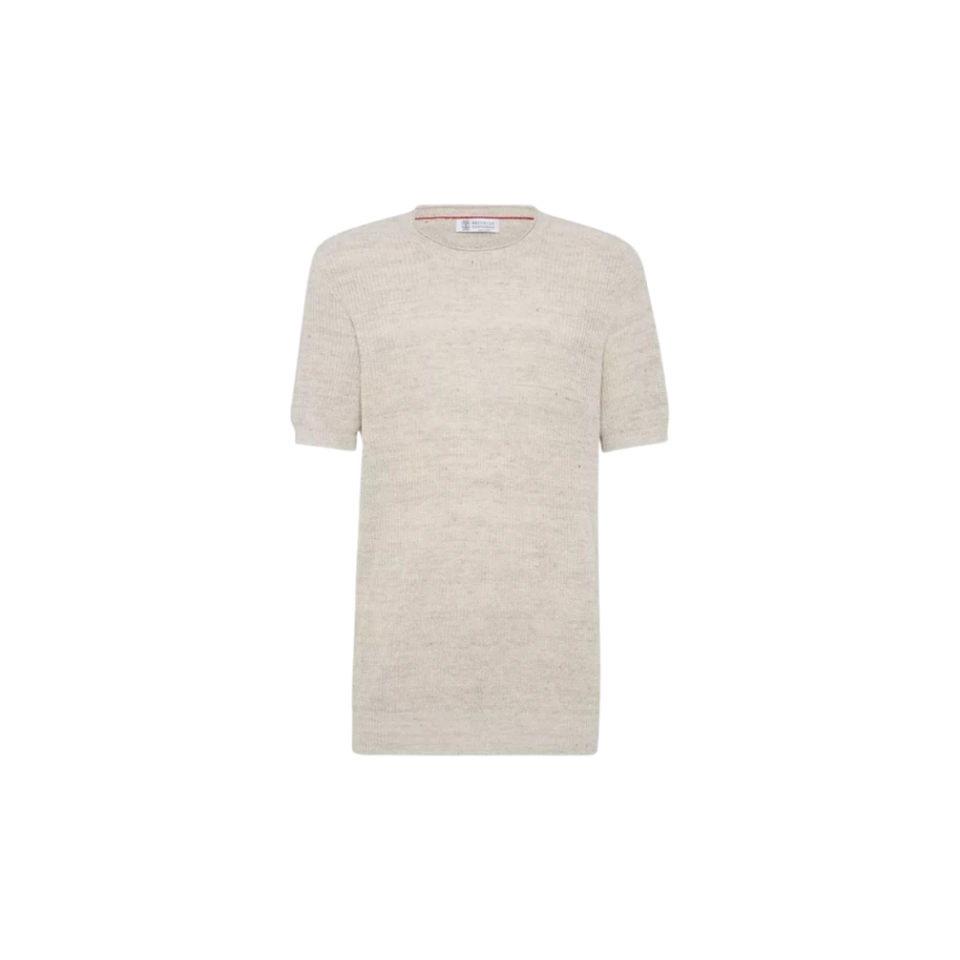 Pull manche courte BRUNELLO CUCINELLI col rond roulotté lin coton ficelle