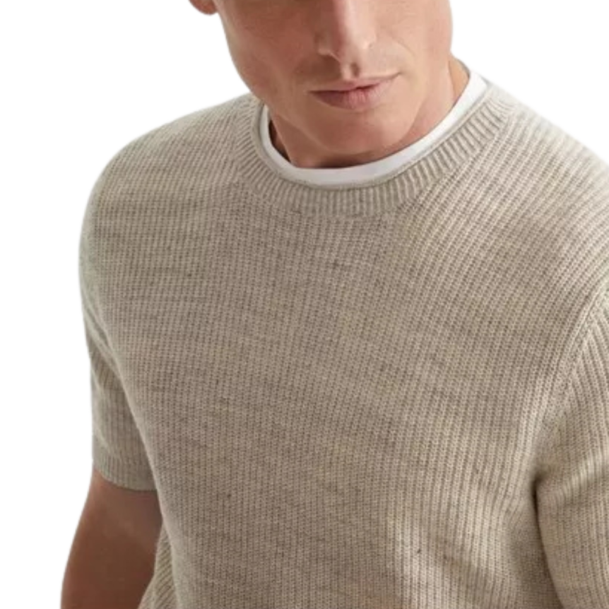 Pull manche courte BRUNELLO CUCINELLI col rond roulotté lin coton ficelle