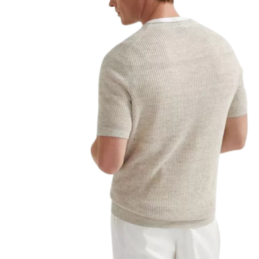 Pull manche courte BRUNELLO CUCINELLI col rond roulotté lin coton ficelle