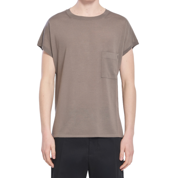 Pull manche courte SAINT LAURENT laine gris taupe poche logo