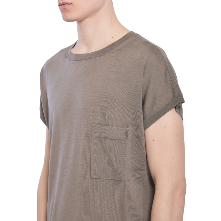Pull manche courte SAINT LAURENT laine gris taupe poche logo