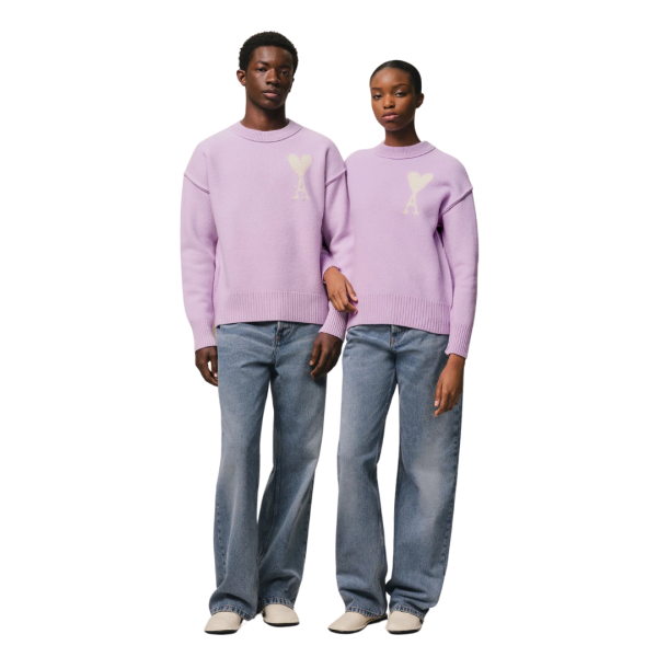 Pull col rond AMI Paris laine mérinos lilas cœur écru