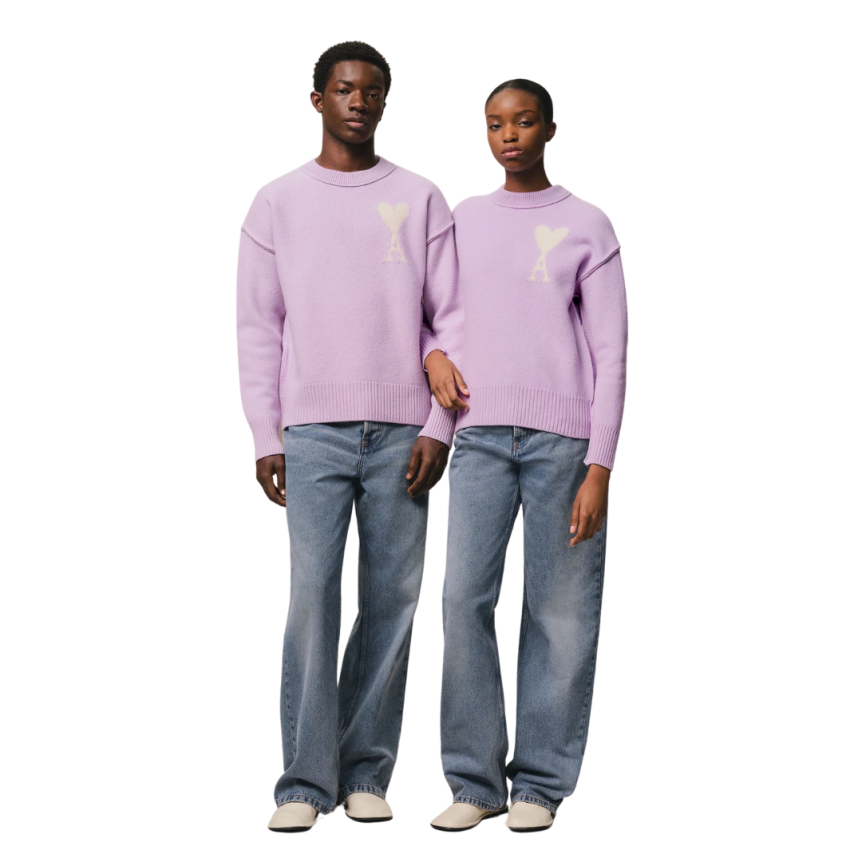 Pull col rond AMI Paris laine mérinos lilas cœur écru