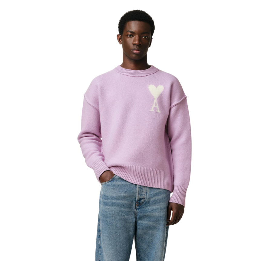 Pull col rond AMI Paris laine mérinos lilas cœur écru