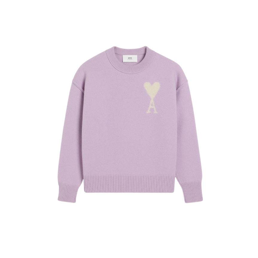 Pull col rond AMI Paris laine mérinos lilas cœur écru