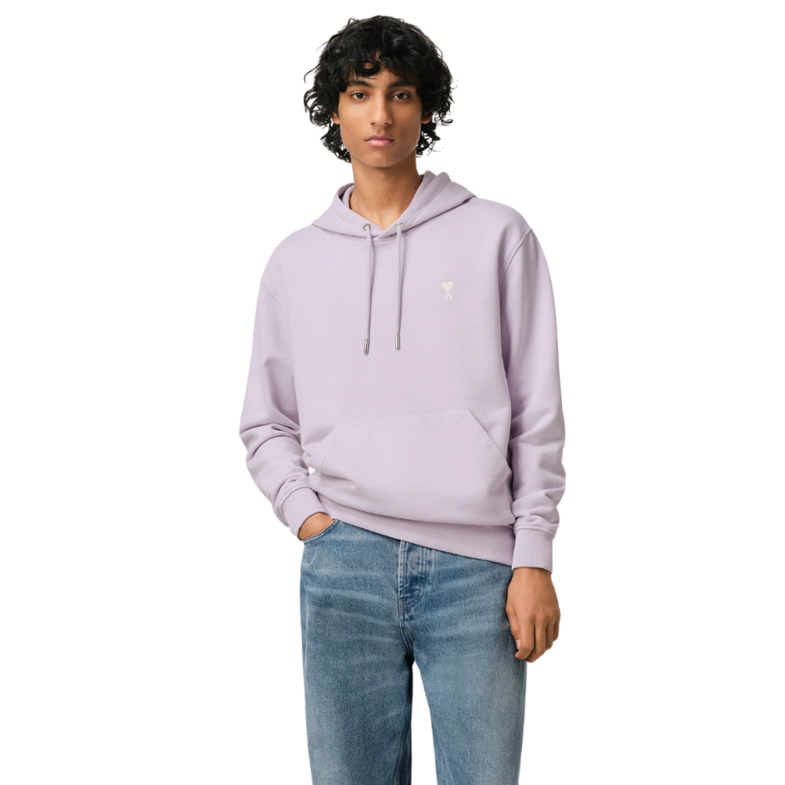 Sweat-shirt à capuche AMI Paris Hoodie molleton coton lilas cœur écru